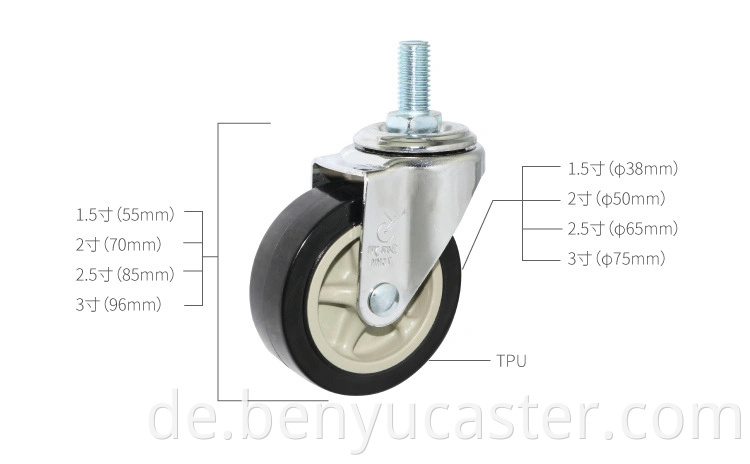 3inch TPU Drehkreuzer mit Bremsen in schwarzer Farbe mit leisen Laufen